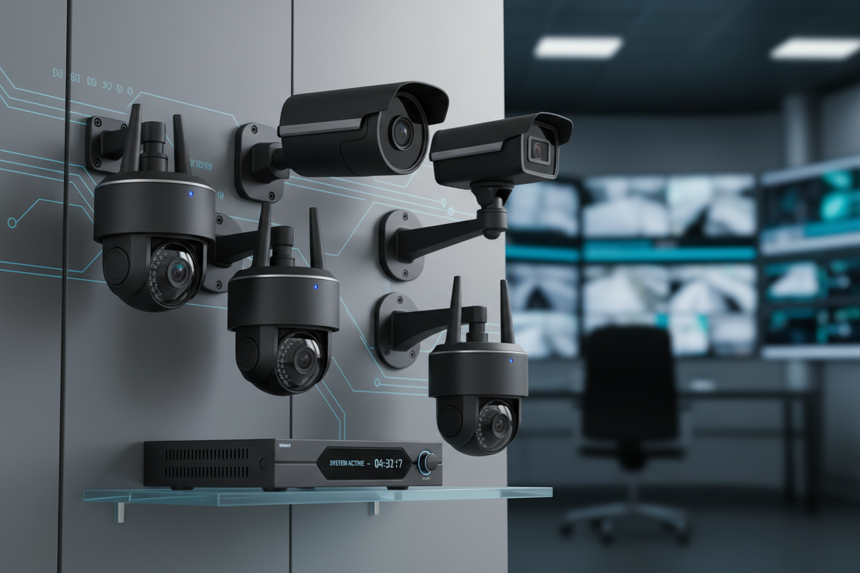 Multiple black CCTV cameras